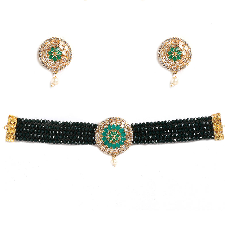 Green Multistrand Choker Gold-Plated Studded with American Diamond Jewellery Set