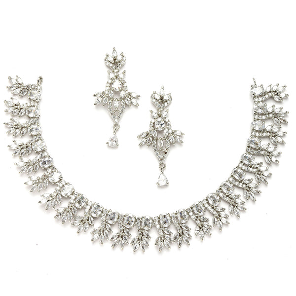 Rhodium-Plated with Silver-Toned White American Diamond Studded Embellish Statement Jewellery Set