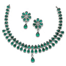 Oxidised Silver-Plated Pear Shaped Green American Diamond Studded Necklace Earrings Jewellery Set