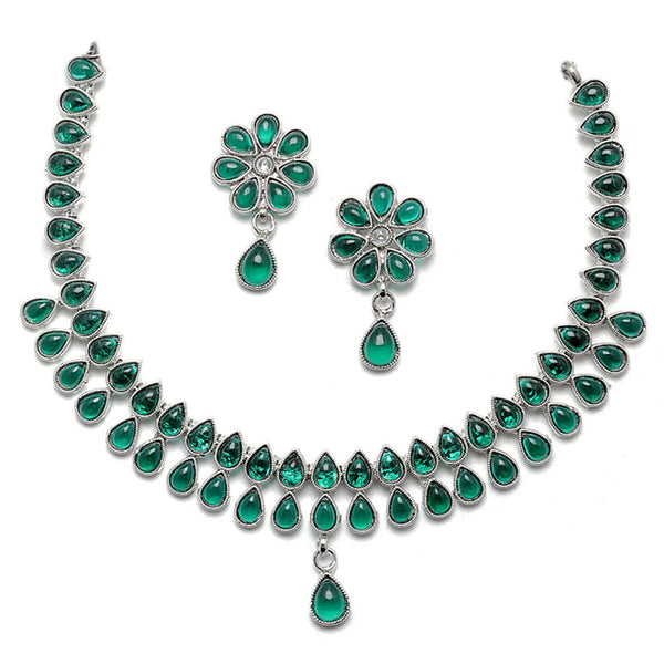 Oxidised Silver-Plated Pear Shaped Green American Diamond Studded Necklace Earrings Jewellery Set