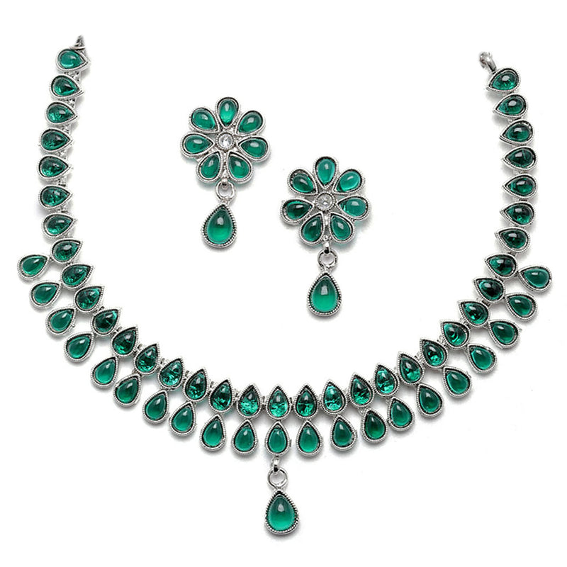 Oxidised Silver-Plated Pear Shaped Green American Diamond Studded Necklace Earrings Jewellery Set
