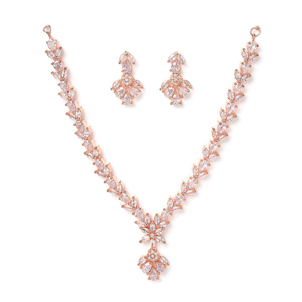 Rose Gold-Plated & White American Diamond Studded Floral Shaped Jewellery Set