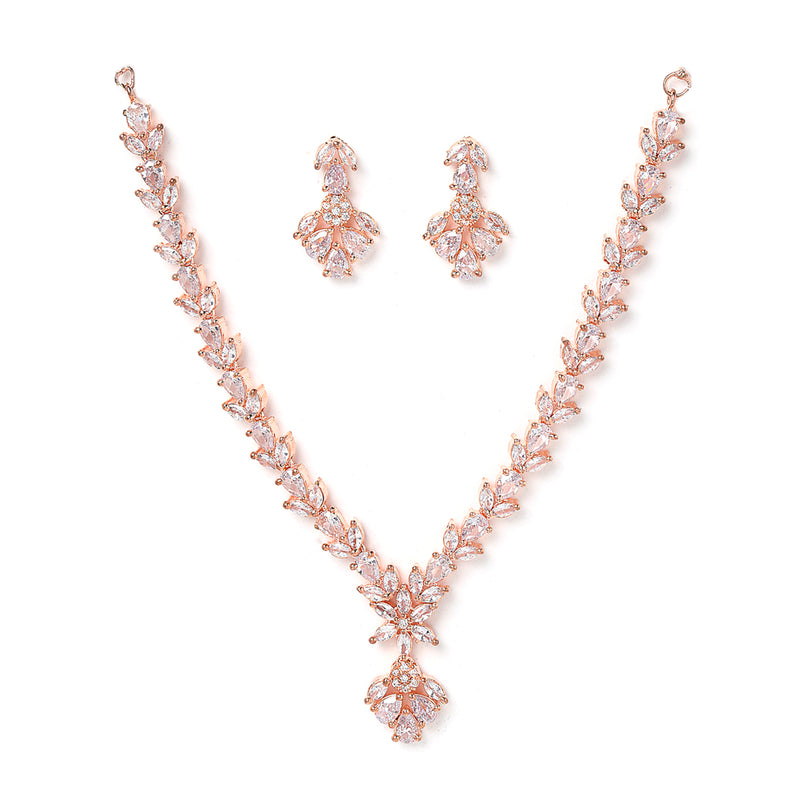 Rose Gold-Plated & White American Diamond Studded Floral Shaped Jewellery Set