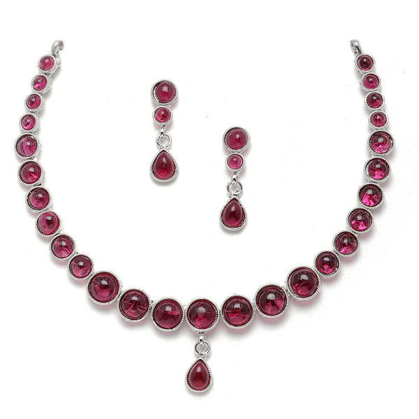 Oxidised Silver-Plated Red Round American Diamond Studded Necklace with Earrings Jewellery Set