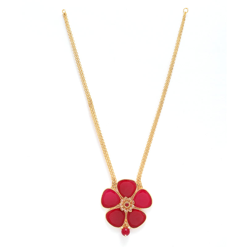 Gold-Plated Red Stone Studded Flower Pendant