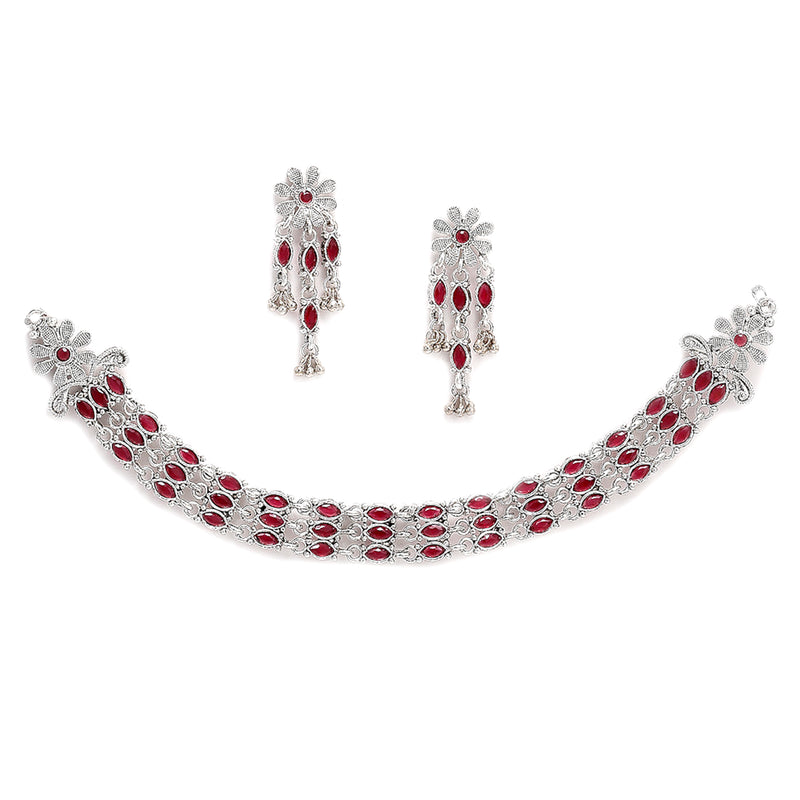 Rhodium-Plated with Oxidised Silver-Tone Red Kundan Studded Jewellery Set