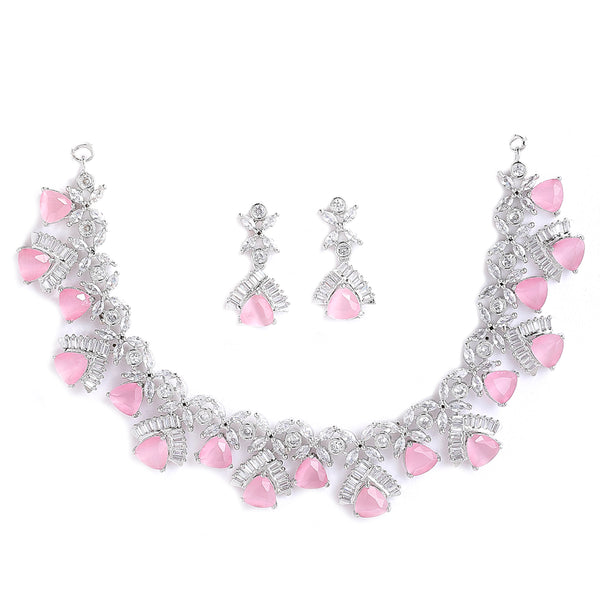 Rhodium-Plated with Silver-Tone White & Pink American Diamond-Studded Jewellery Set