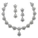 Oxidised Silver-Plated Flower Shaped White American Diamond Studded Necklace with Earrings Jewellery Set