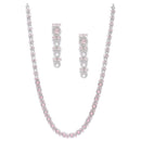 Rhodium-Plated Silver Toned Circular Pink American Diamond Long Necklace with Earrings Jewellery Set