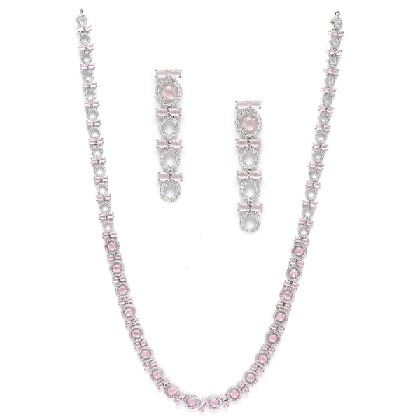 Rhodium-Plated Silver Toned Circular Pink American Diamond Long Necklace with Earrings Jewellery Set