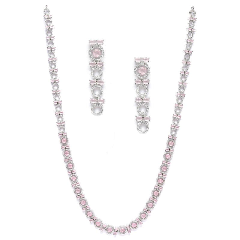 Rhodium-Plated Silver Toned Circular Pink American Diamond Long Necklace with Earrings Jewellery Set