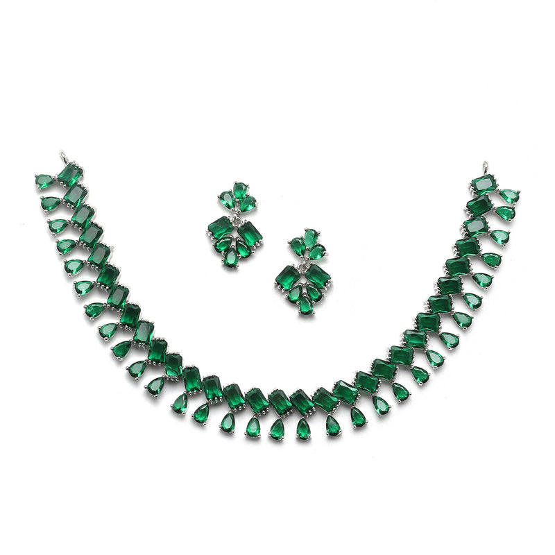 Rhodium-Plated Silver Toned Pear Green American Diamond Studded Necklace with Earrings Jewellery Set