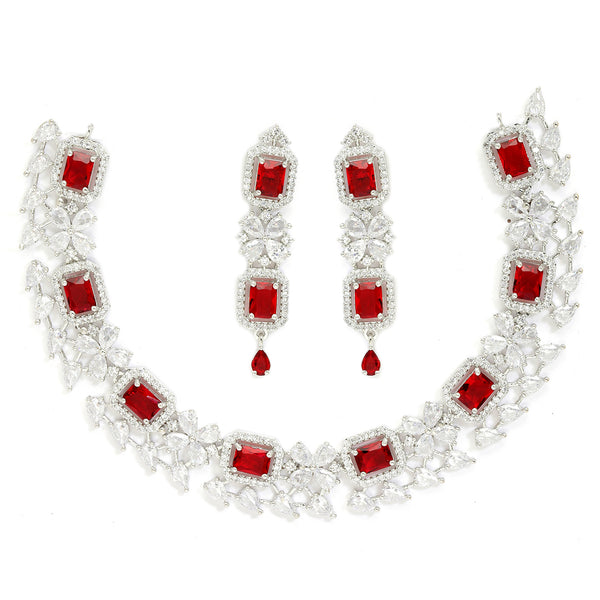 Rhodium-Plated with Silver-Toned Red and White American Diamond Studded Necklace and Earrings Jewellery Set