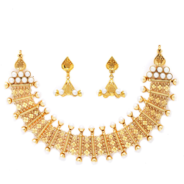 Gold-Plated White Pearls Studded and Beaded Jewellery Set