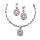 Rhodium-Plated Silver Toned Square Pink American Diamond Studded Necklace with Earring Jewellery Set