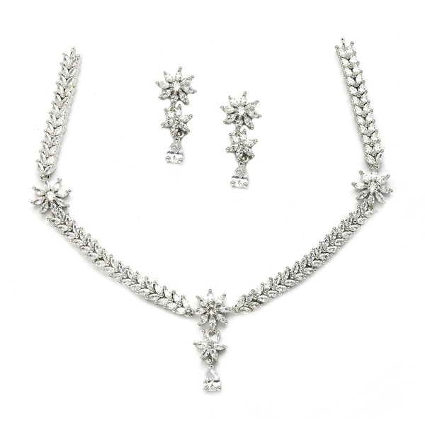 Rhodium-Plated with Silver-Toned Floral Design White American Diamond Studded Jewellery Set