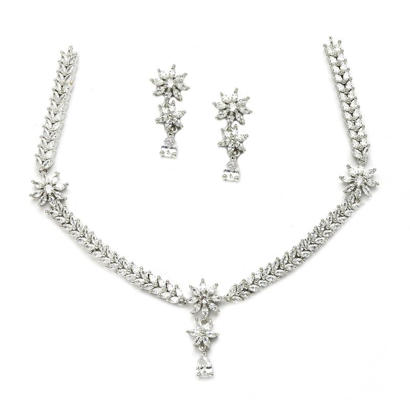 Rhodium-Plated with Silver-Toned Floral Design White American Diamond Studded Jewellery Set