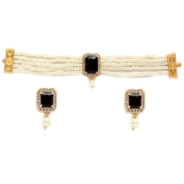 White & Black Gold-Plated American Diamond Studded Choker Jewellery Set