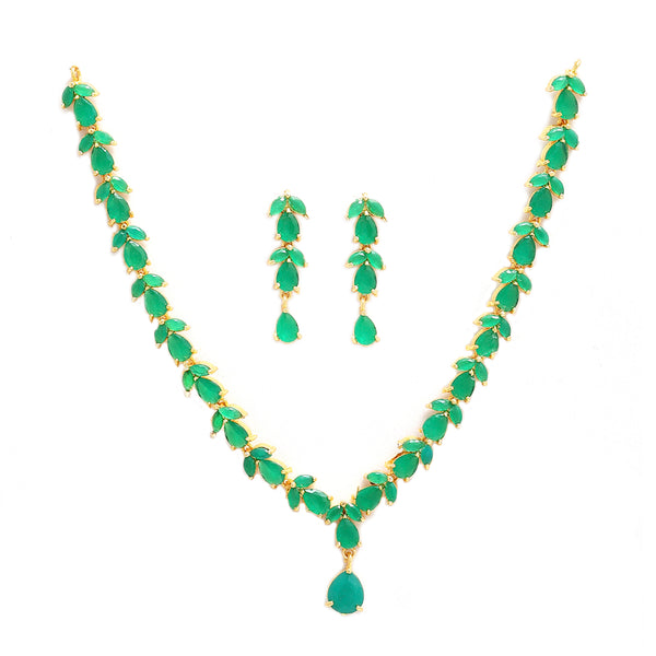 Gold-Plated Leaf Design Green American Diamond-Studded Jewellery Set