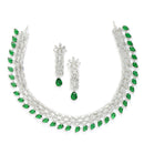 Rhodium-Plated with Silver-Toned Green and White American Diamond Studded Necklace & Earrings Jewellery Set