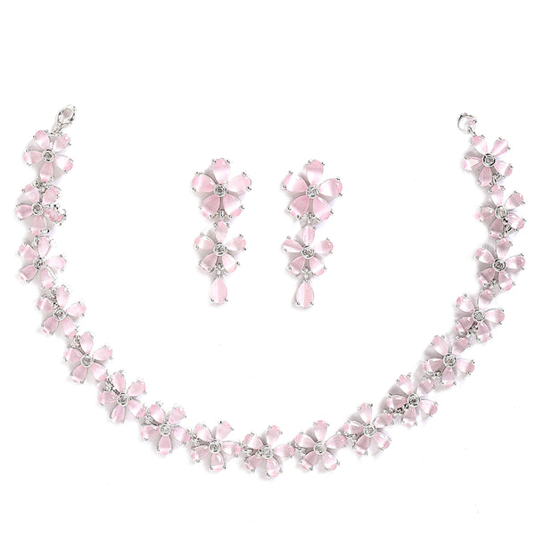 Rhodium-Plated with Silver-Tone Pink American Diamond-Studded Jewellery Set