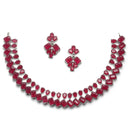 Rhodium-Plated Silver Toned Pear Red American Diamond Studded Necklace Earrings Jewellery Set