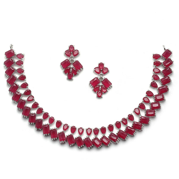 Rhodium-Plated Silver Toned Pear Red American Diamond Studded Necklace Earrings Jewellery Set