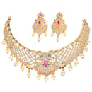 Floral Design Gold-Plated White Red and Green American Diamond-Studded & Drop Pearl Beaded Jewellery Set