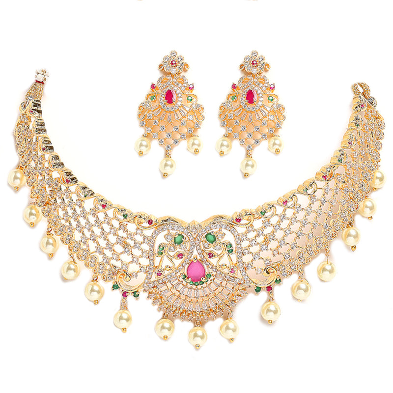 Floral Design Gold-Plated White Red and Green American Diamond-Studded & Drop Pearl Beaded Jewellery Set