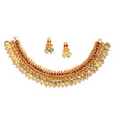 Traditional Gold-Plated Temple Coin Choker Red Peral Studded Necklace & Earring Jewellery Set