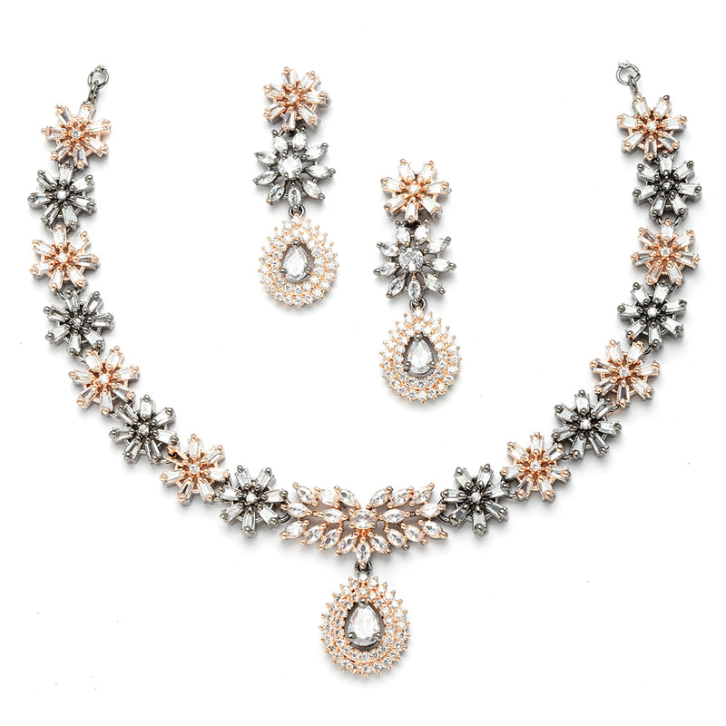 Rose Gold-Plated Floral Design Rose Black and White American Diamond Studded Jewellery Set