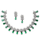 Rhodium-Plated Silver Toned Teardrop & Flower Green AD Studded Necklace with Earrings Jewellery Set