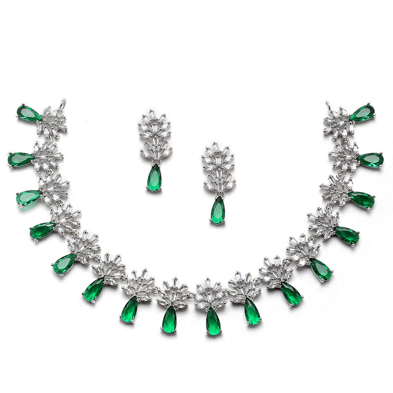 Rhodium-Plated Silver Toned Teardrop & Flower Green AD Studded Necklace with Earrings Jewellery Set