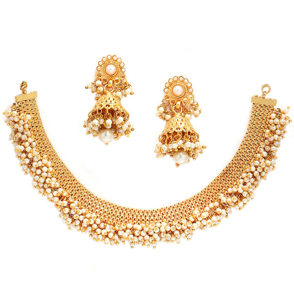 Zeneme Jewellery Set Gold Plated White Pearl Temple Style Necklace Set Jewellery with Earrings for Girls & Women