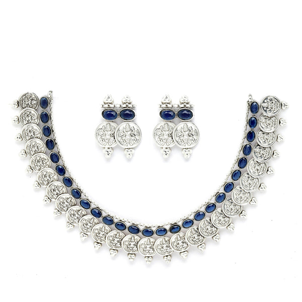 Rhodium-Plated with Oxidised Silver-Plated Navy Blue Artificial Beads Studded & Temple Coin Jewellery Set