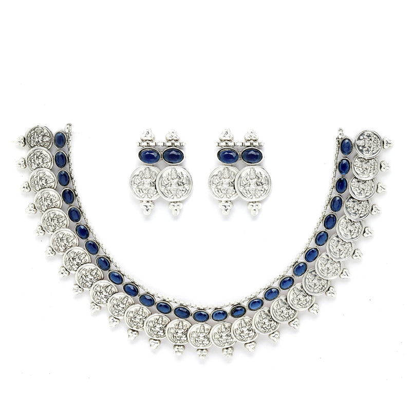 Rhodium-Plated with Oxidised Silver-Plated Navy Blue Artificial Beads Studded & Temple Coin Jewellery Set