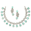 Rhodium-Plated with Silver-Toned Leaf Design Sea Green and White American Diamond Studded Jewellery Set