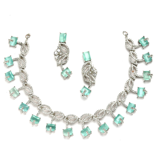 Rhodium-Plated with Silver-Toned Leaf Design Sea Green and White American Diamond Studded Jewellery Set
