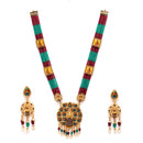 Gold-Plated Kundan Studded & Beaded Long Meenakari Necklace with Earrings Jewellery Set