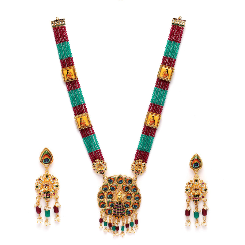 Gold-Plated Kundan Studded & Beaded Long Meenakari Necklace with Earrings Jewellery Set
