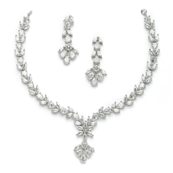 Rhodium Plated Silver Toned Floral Motif White AD Studded Necklace Set & Matching Earrings
