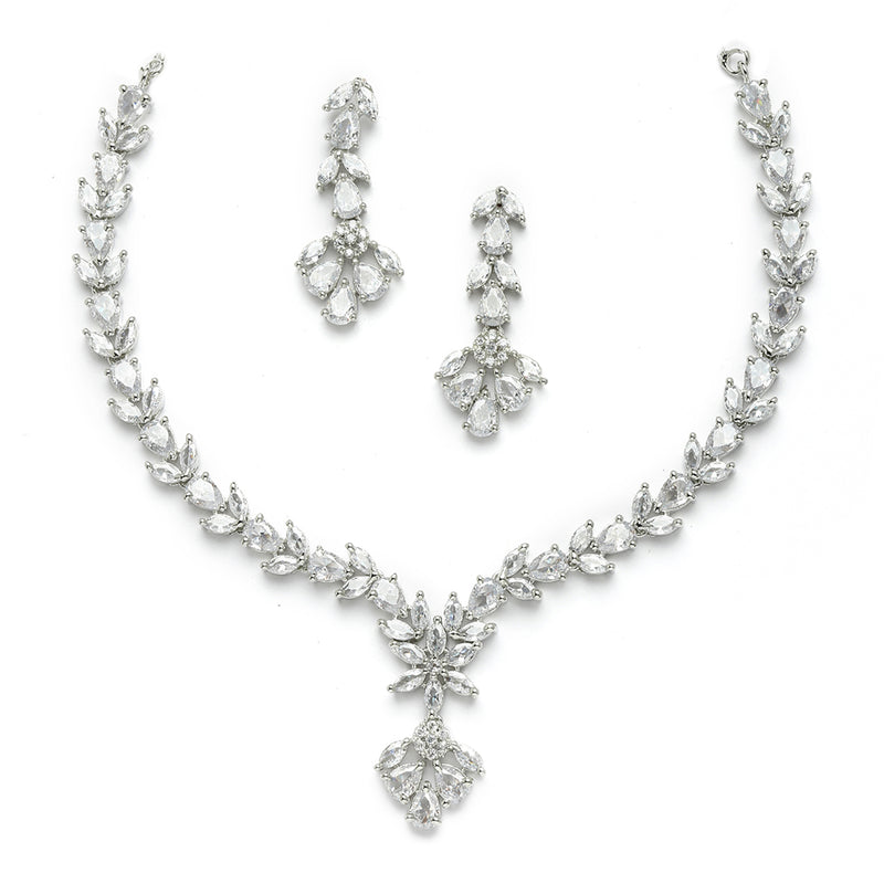 Rhodium Plated Silver Toned Floral Motif White AD Studded Necklace Set & Matching Earrings