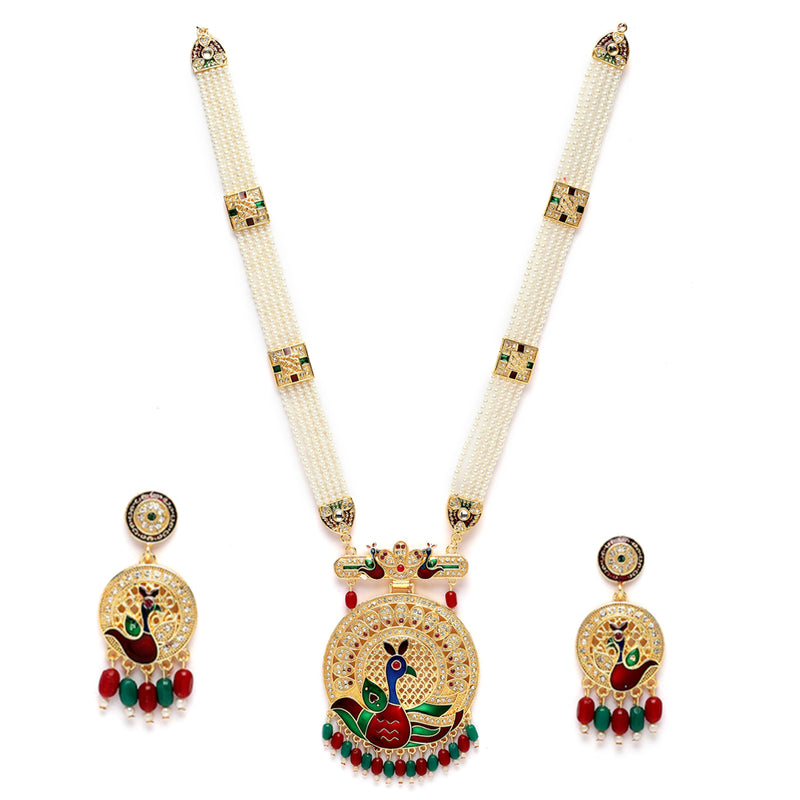 Gold-Plated Artifical Stone Studded & Beaded Peacock Craved Long Necklace with Earring Jewellery Set