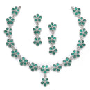 Oxidised Silver-Plated Flower Shaped Green American Diamond Studded Necklace Earrings Jewellery Set