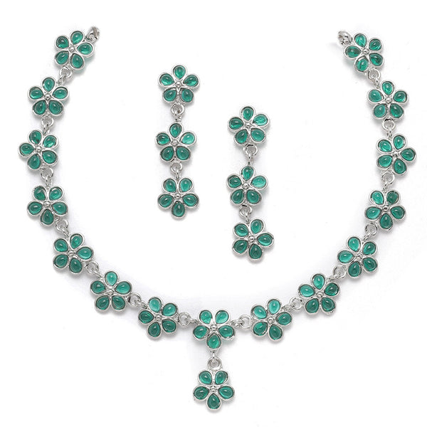 Oxidised Silver-Plated Flower Shaped Green American Diamond Studded Necklace Earrings Jewellery Set