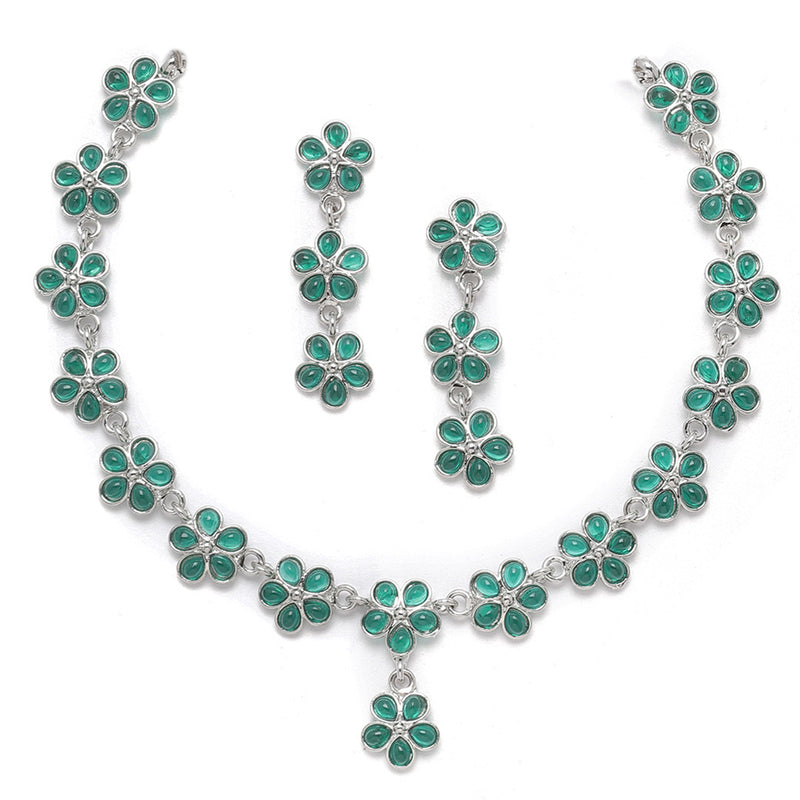 Oxidised Silver-Plated Flower Shaped Green American Diamond Studded Necklace Earrings Jewellery Set