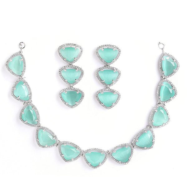 Rhodium-Plated with Silver-Tone Sea Green American Diamond Studded Jewellery Set