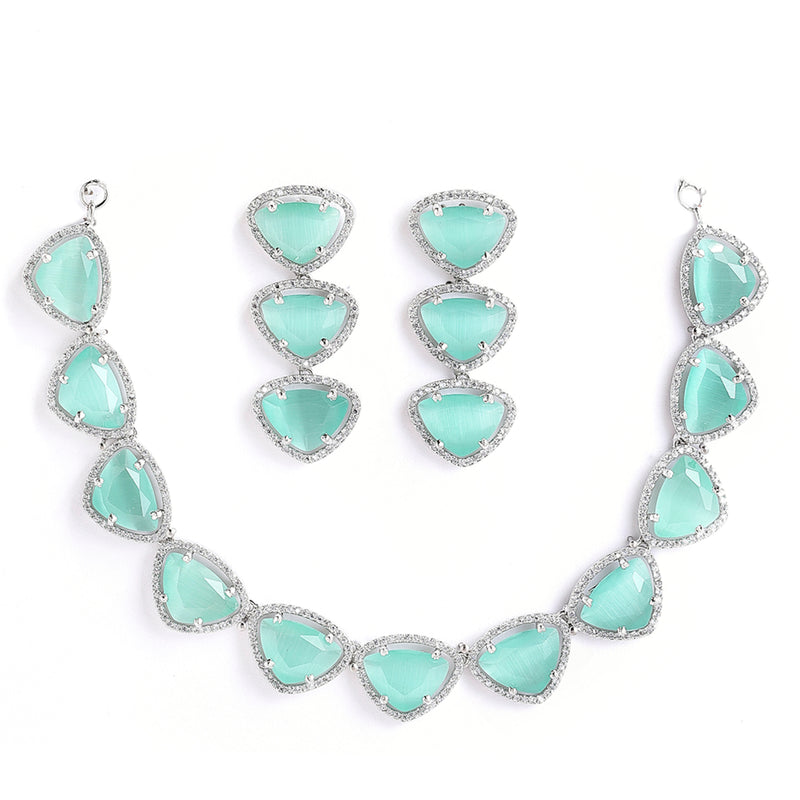 Rhodium-Plated with Silver-Tone Sea Green American Diamond Studded Jewellery Set