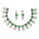 Rhodium-Plated Green American Diamond Studded Leaf Shaped Necklace with Earrings Jewellery Set