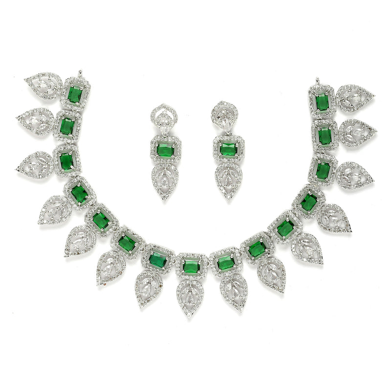 Rhodium-Plated Green American Diamond Studded Leaf Shaped Necklace with Earrings Jewellery Set